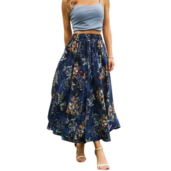 EUC Maxi Skirt Sz L Women Pockets Midi Length Casual Blue Floral Boho Cottage - Picture 2 of 11